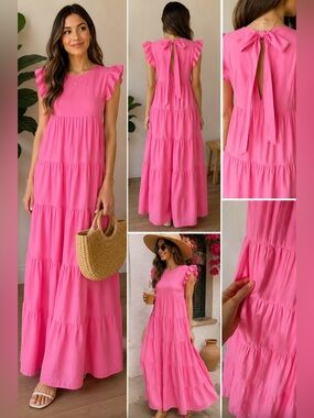 English Factory Pink Tiered Maxi Dress Ruffle Sleeve Open Back Bow Size Small